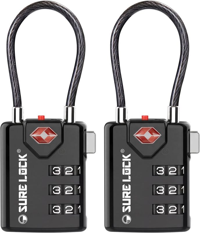 SURE LOCK TSA Approved Luggage Locks with Open Alert Indicator, 3 Digit Combination Cable Travel Lock for Suitcase, Backpack & Travel Bag, 2 Pack Black