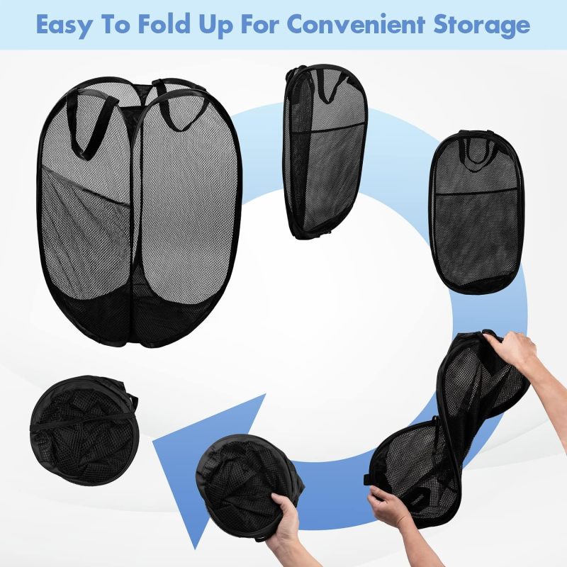 Pop Up Laundry Hamper, 70L Collapsible Mesh Basket with Side Pocket, Black