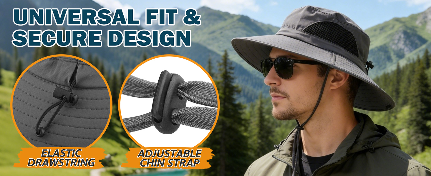 EINSKEY Gray Sun Hat (mountain): elastic drawstring, adjustable chin strap for secure outdoor wear.