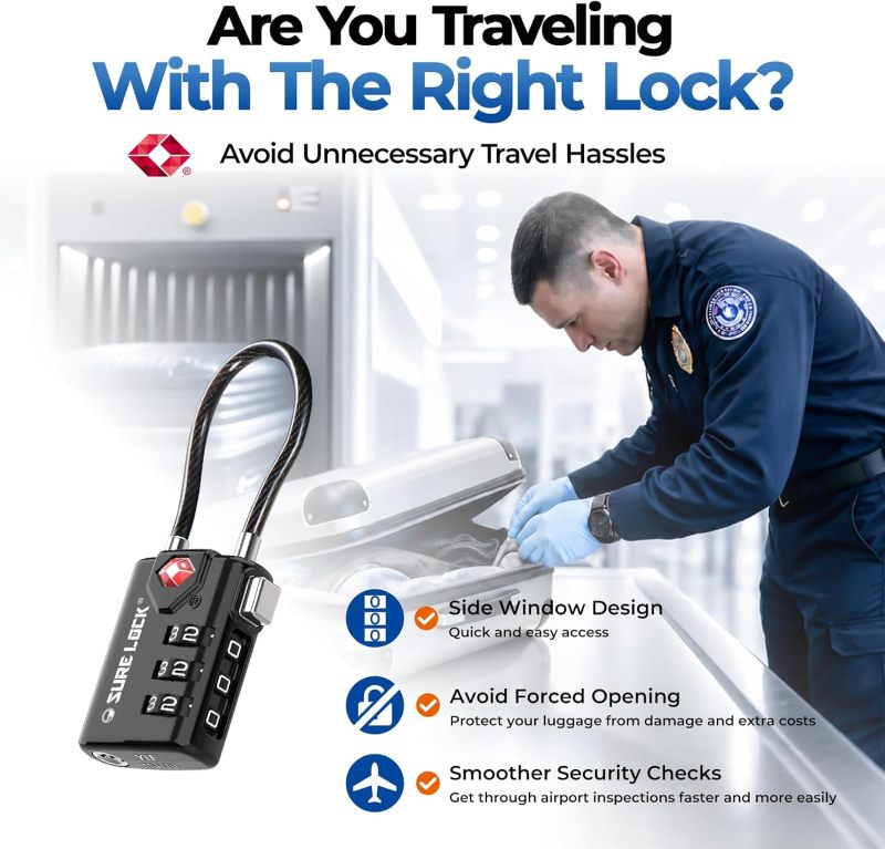 SURE LOCK TSA Approved Luggage Locks with Open Alert Indicator, 3 Digit Combination Cable Travel Lock for Suitcase, Backpack & Travel Bag, 2 Pack Black