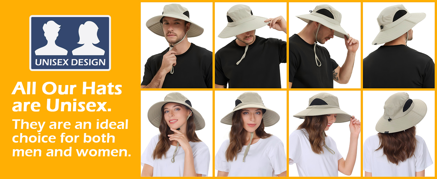 EINSKEY Unisex Sun Hat: collage, man/woman, highlights unisex fit.