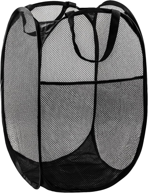 Pop Up Laundry Hamper, 70L Collapsible Mesh Basket with Side Pocket, Black