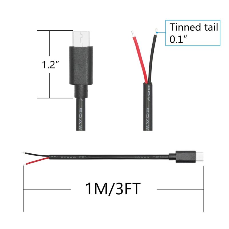 USB C to 2 Pin Bare Wire Open End Power Cord 3FT,USB Pigtail Cable 20AWG 5A