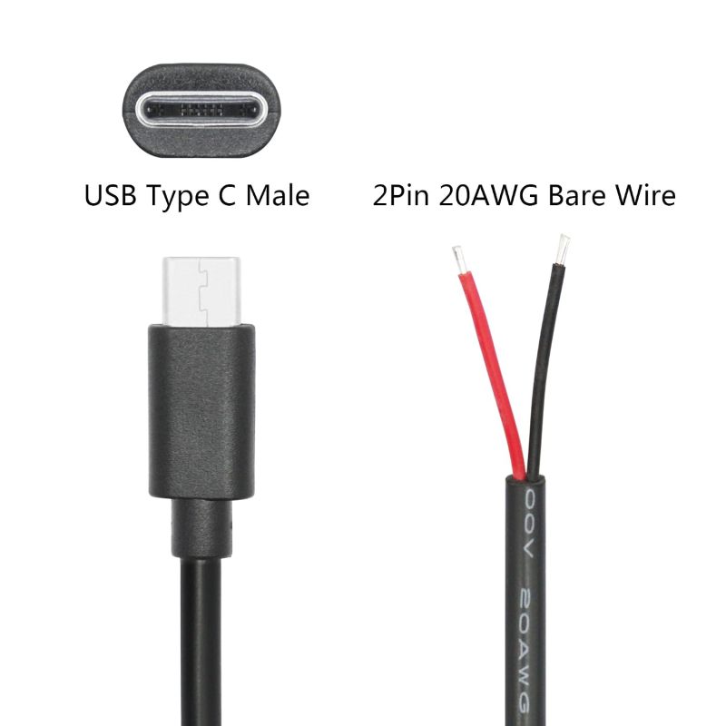 USB C to 2 Pin Bare Wire Open End Power Cord 3FT,USB Pigtail Cable 20AWG 5A