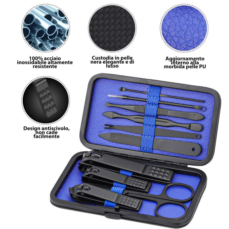 Glamne Manicure Set Nail Clippers Kit Professional Stainless Steel Nail Care Tools with Leather Travel Case 10 in 1 Blue