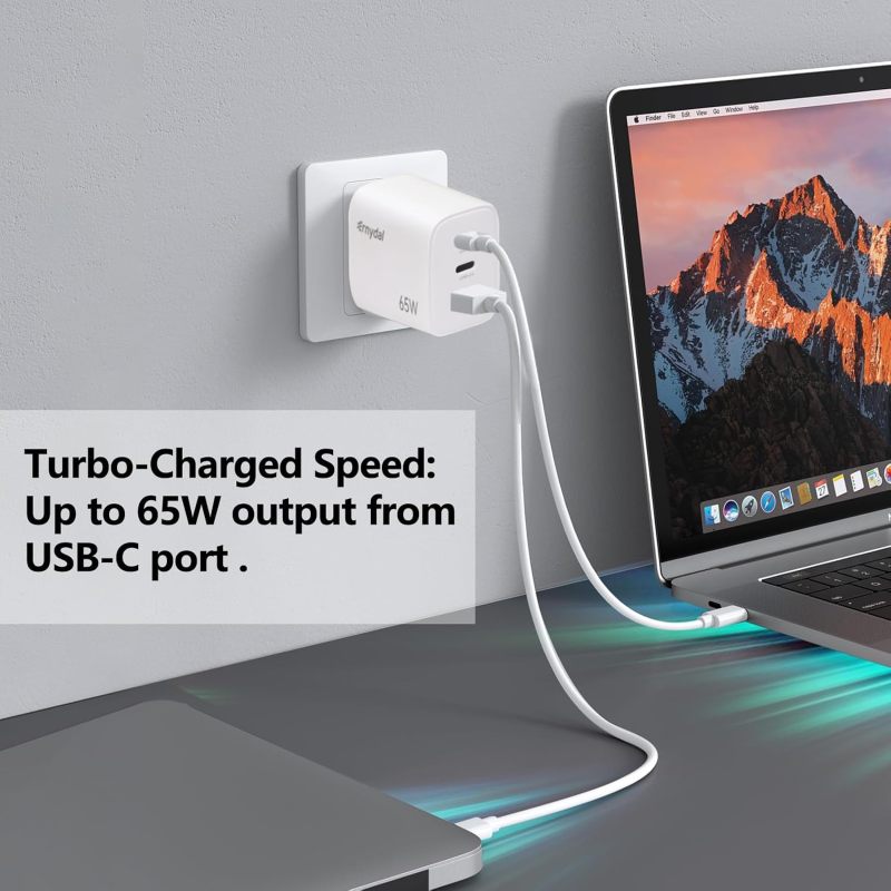 65W GaN USB-C Fast Charger Block with Dual USB-C & USB-A Ports, Compact Power Adapter for MacBook, iPad, iPhone, Galaxy, and More (White)