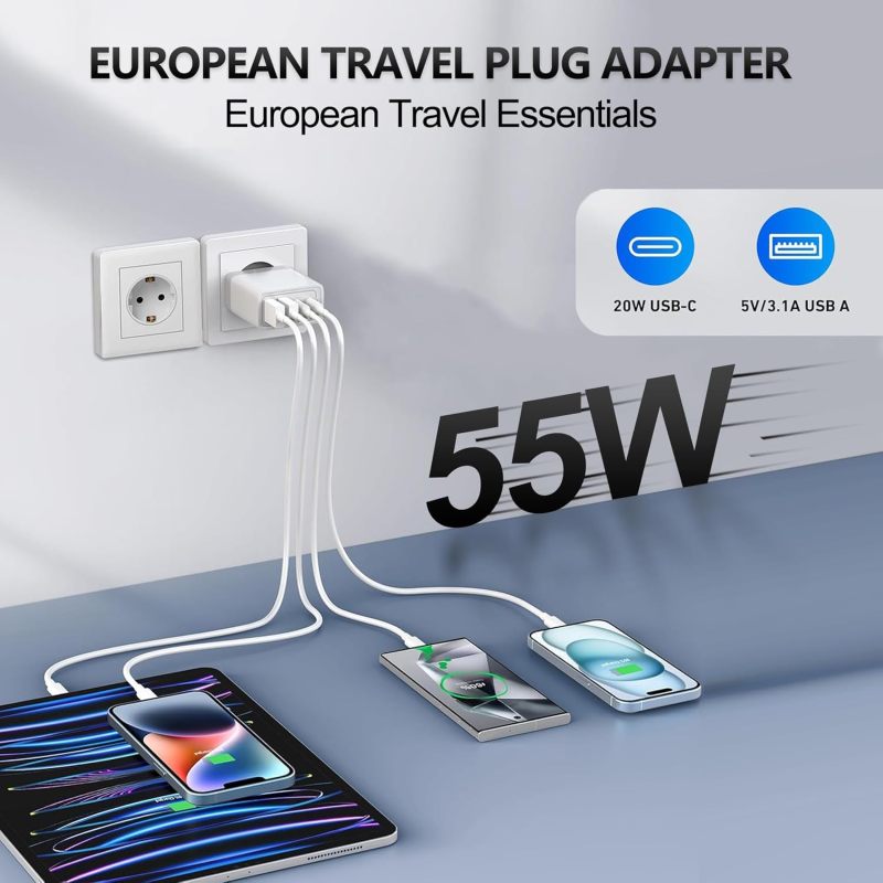 European Travel Plug Adapter USB C, 55W 4-Port European Charger