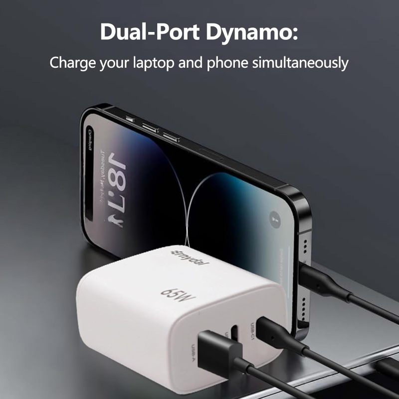 65W GaN USB-C Fast Charger Block with Dual USB-C & USB-A Ports, Compact Power Adapter for MacBook, iPad, iPhone, Galaxy, and More (White)