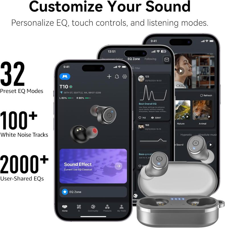 TOZO T10 Wireless Earbuds Powerful Bass Stereo Wireless Charging, APP, IPX8