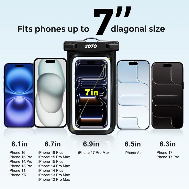JOTO 2 Pack Waterproof Phone Pouch Case Up to 7", IPX8 Underwater Phone Case Cellphone Dry Bag for iPhone 17/Air 16 15 14 13 12 Pro Max Xs Max XR X 8 7 6S Plus SE/Galaxy S24 S23 S22 -Black