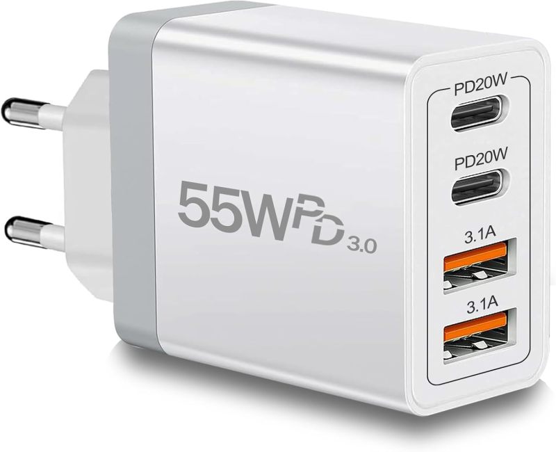 European Travel Plug Adapter USB C, 55W 4-Port European Charger