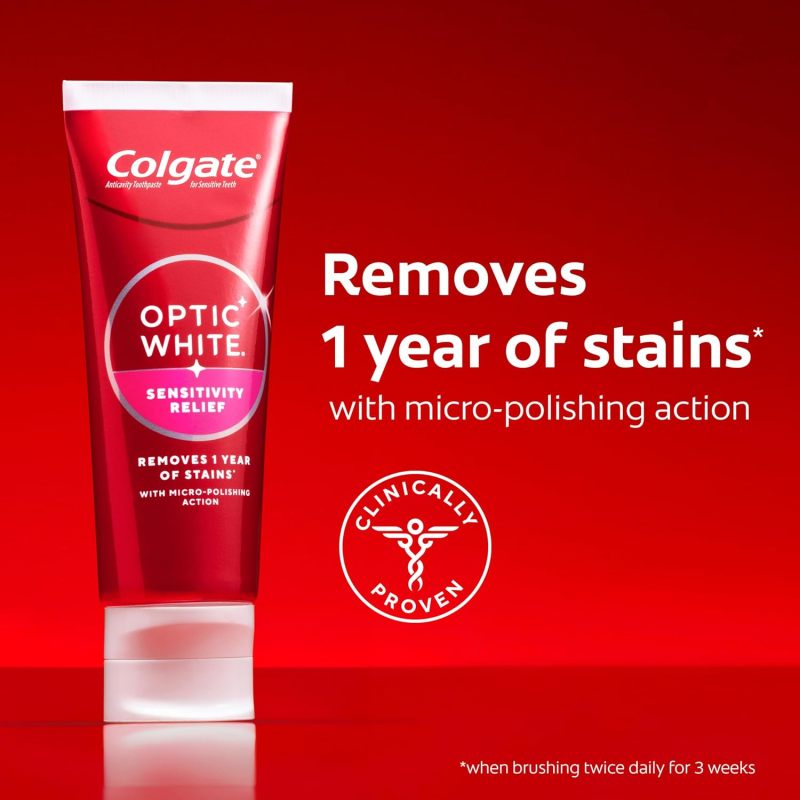 Colgate Optic White Sensitivity Relief Whitening Toothpaste, 3 Pack, 3.8oz