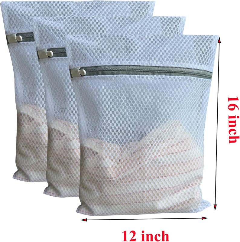 3Pcs Mesh Laundry Bags Durable Zipper Wash Bags for Delicates, Lingerie, Bras, Underwear, Baby Clothes, Shoe, Sock - Protect Garments in Washing Machine Pouch Net Bag Travel (3 Medium(12 x 16 Inches))
