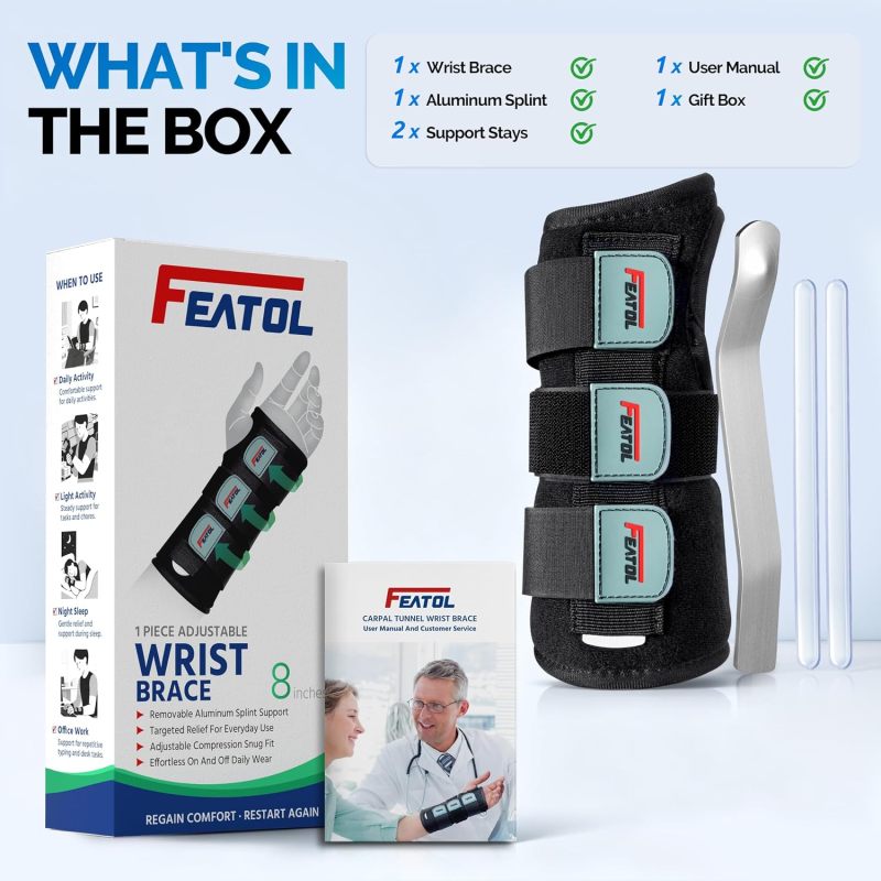 FEATOL Carpal Tunnel Wrist Brace Night Support, Adjustable Right Hand Brace