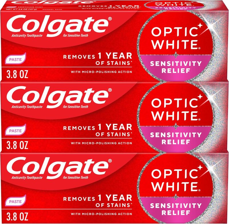 Colgate Optic White Sensitivity Relief Whitening Toothpaste, 3 Pack, 3.8oz
