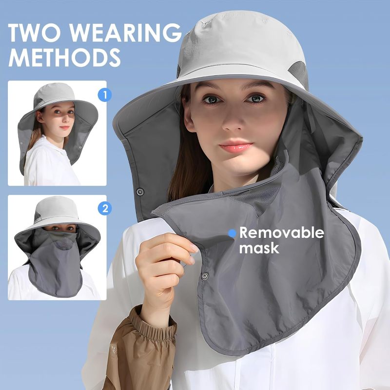 Outdoor Sun Hat Detachable Neck Face Flap UPF 50+UV Protection Visor Fishing Hats with Neck Flap for Men & Women