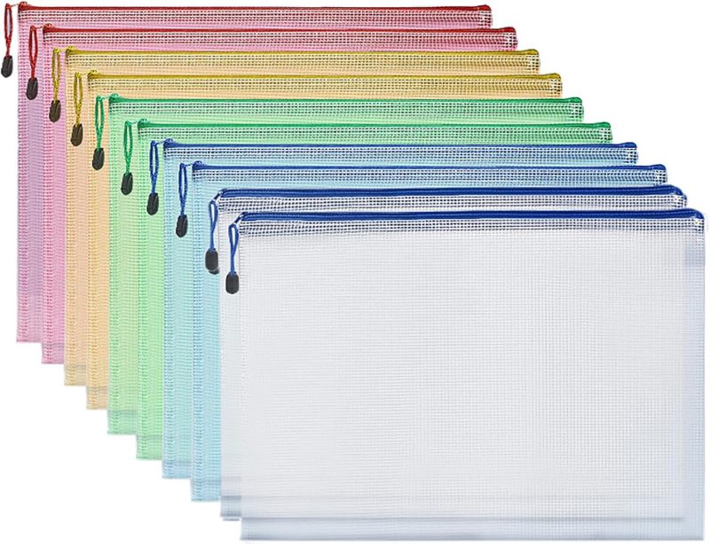 Zipper Documents Storage Bag, 10 Pack A4 Size Plastic Waterproof 13 Inch x 9 Inch File Envelopes for Study and Office (10)