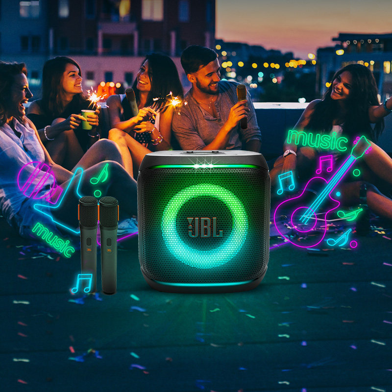 E9169 JBL PartyBox Encore2 Portable Outdoor Home Karaoke Speaker + 2 Microphones Bundle