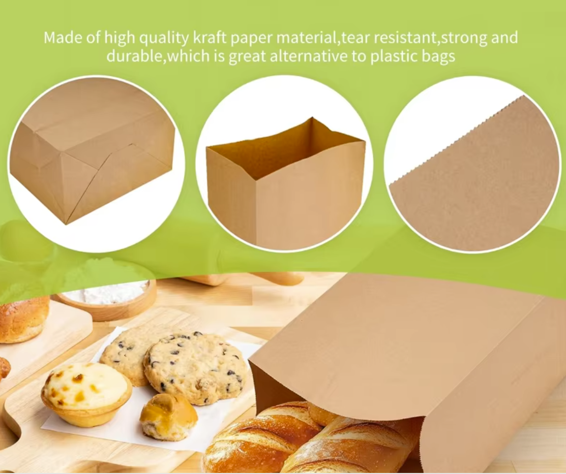 disposable food packaging bag kraft paper compostable paper bag Eco friendly customized logo and sizes