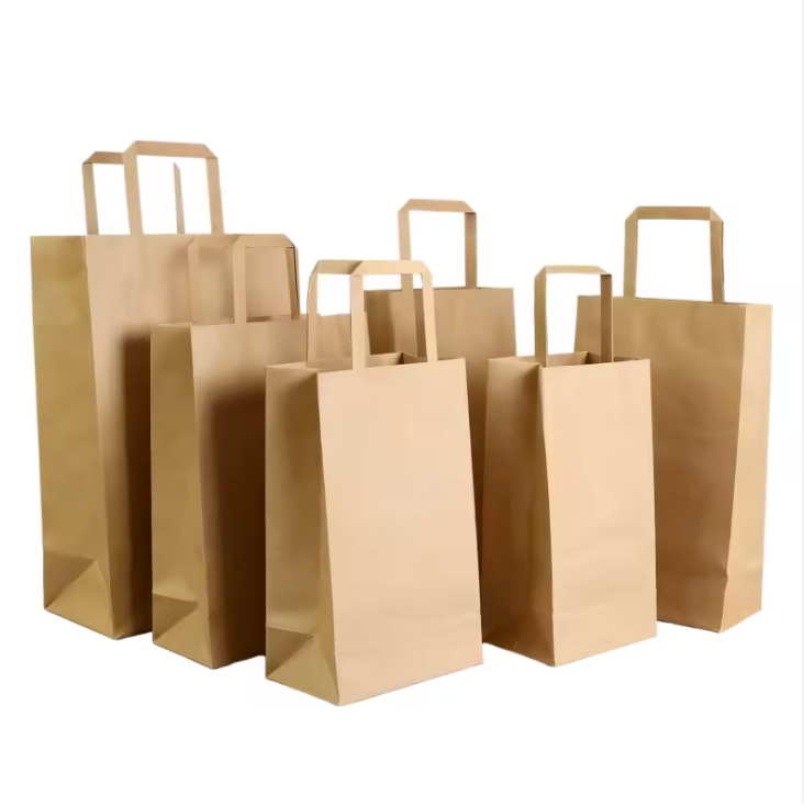 recyclable paper bag Eco friendly with falt handle for food packaging , shopping ,FSC paper ,customized logo