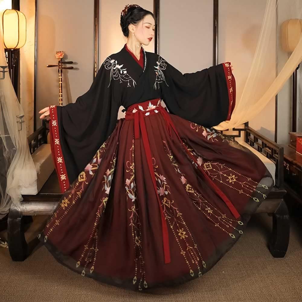 Women's Modern Hanfu Outfit Cross Collar Hanfu Shirt Horce Face Pleated Skirt Ming Dynasty Mamianqun Chinese Ancient Costume