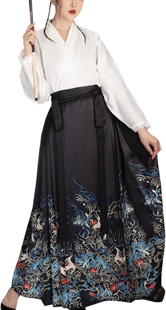 Women's Modern Hanfu Outfit Cross Collar Hanfu Shirt Horce Face Pleated Skirt Ming Dynasty Mamianqun Chinese Ancient Costume