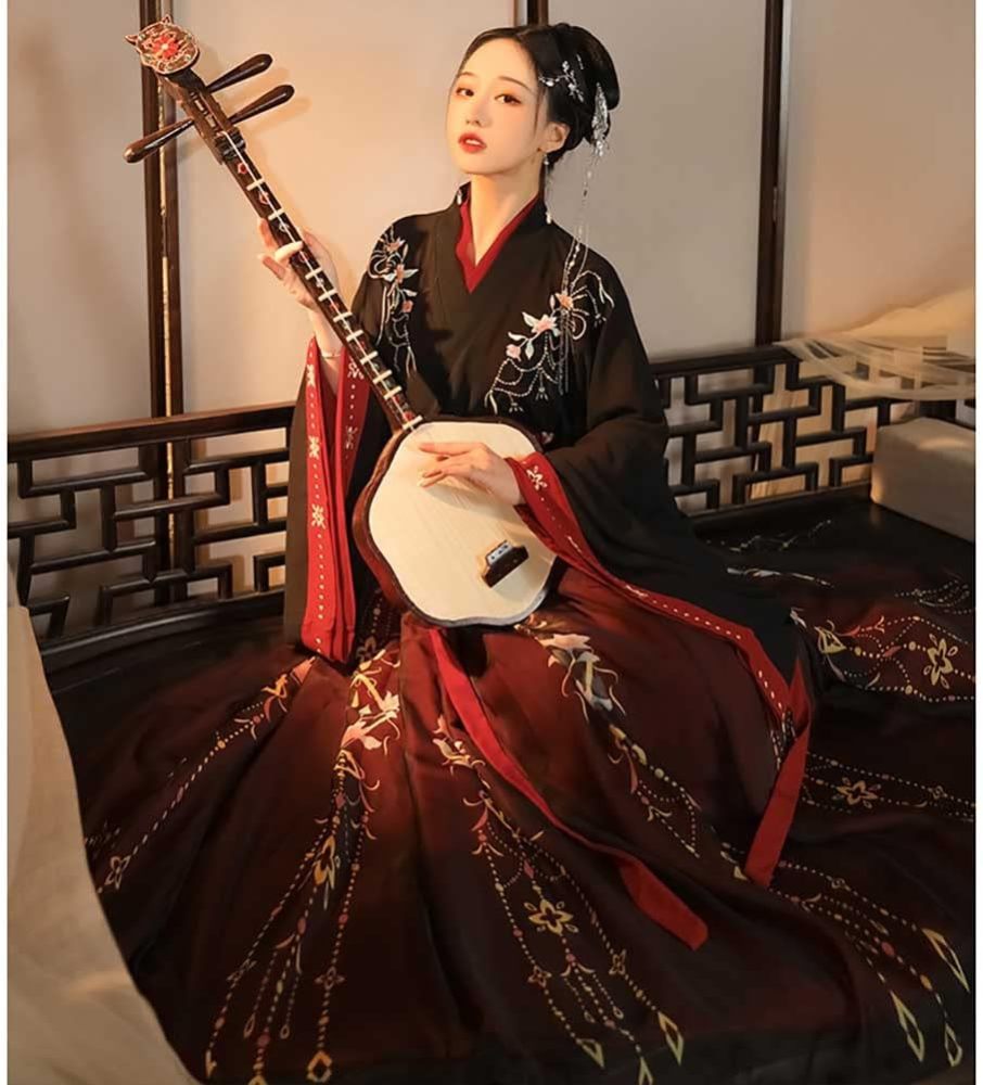 Women's Modern Hanfu Outfit Cross Collar Hanfu Shirt Horce Face Pleated Skirt Ming Dynasty Mamianqun Chinese Ancient Costume