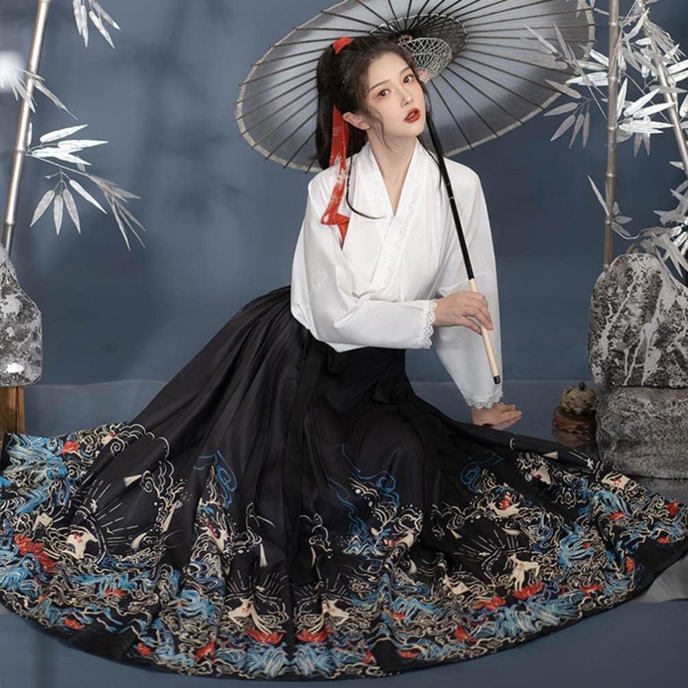Women's Modern Hanfu Outfit Cross Collar Hanfu Shirt Horce Face Pleated Skirt Ming Dynasty Mamianqun Chinese Ancient Costume