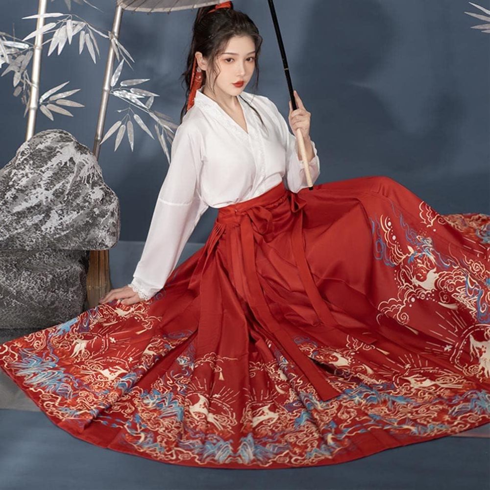 Women's Modern Hanfu Outfit Cross Collar Hanfu Shirt Horce Face Pleated Skirt Ming Dynasty Mamianqun Chinese Ancient Costume