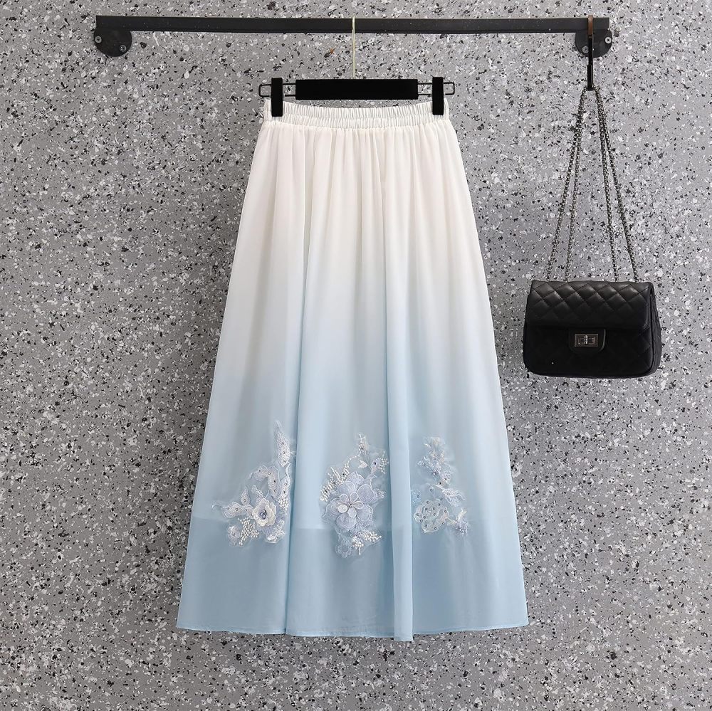 Women's Summer Suit,Embroidered Cheongsam Tops and Skirt Set,Chinese Style Elegant Qipao Hanfu Tang Suit