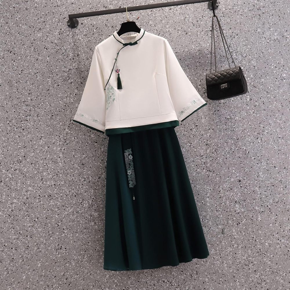 Women's Summer Suit,Embroidered Cheongsam Tops and Skirt Set,Chinese Style Elegant Qipao Hanfu Tang Suit