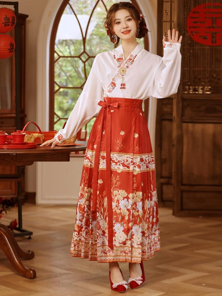 Ladies Free Size Loose Top and Wrap Skirt Set,Embroidered Blouse,Jacquard Horse Face Dress,Chinese Hanfu Tang Suit
