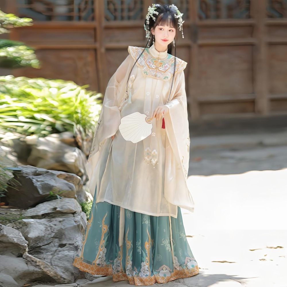 Women's Hanfu Dress Chinese Ming System Cloud Shoulder Flounced Pleated Skirt Embroidered Horse Face Skirt