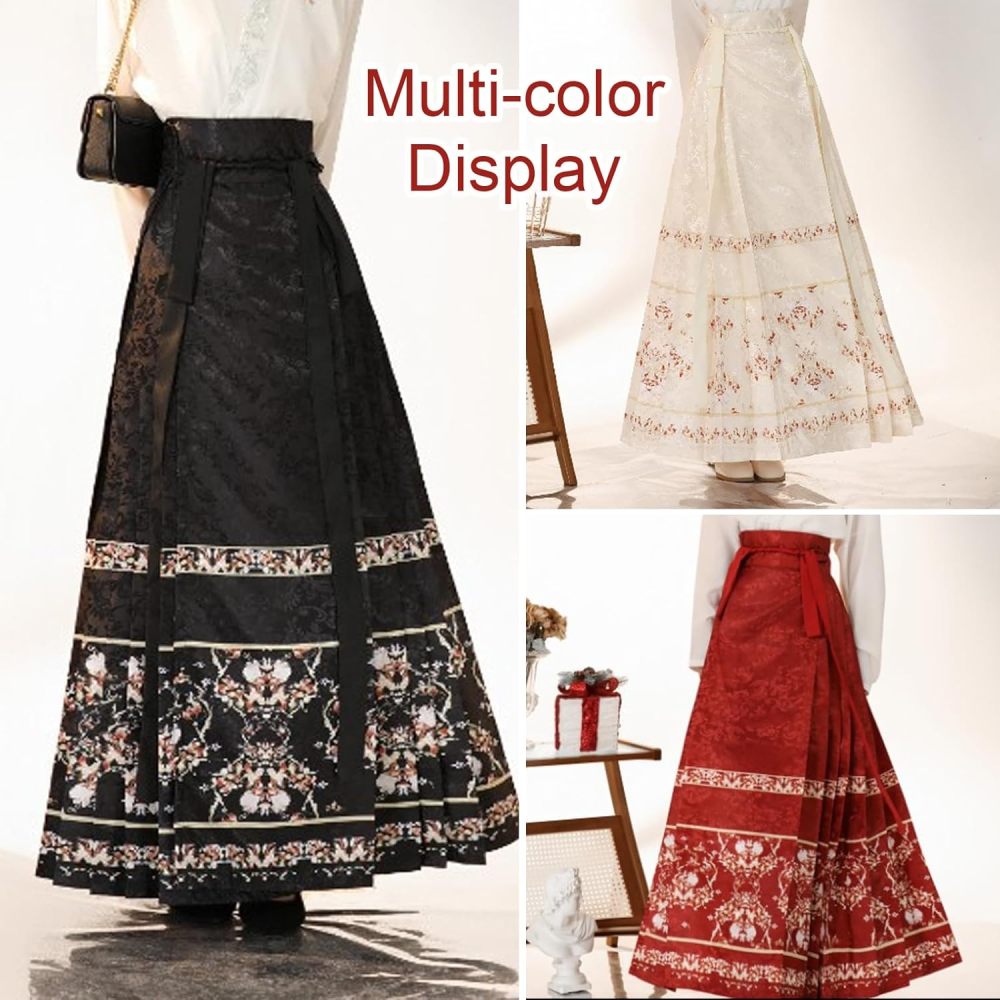 Horse Face Skirt Chinese Skirts for Women Traditional Vintage A-line Printed Pleats Skirt