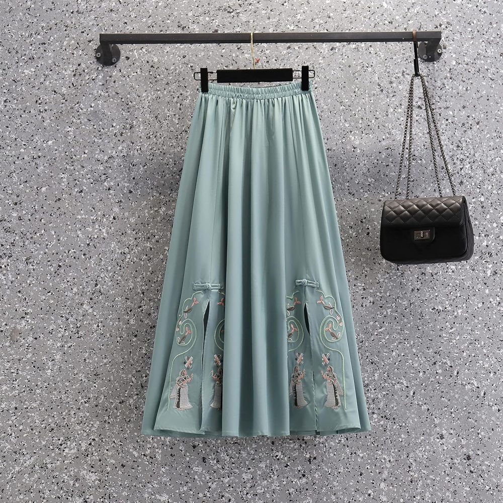 Women's Summer Suit,Embroidered Cheongsam Tops and Skirt Set,Chinese Style Elegant Qipao Hanfu Tang Suit