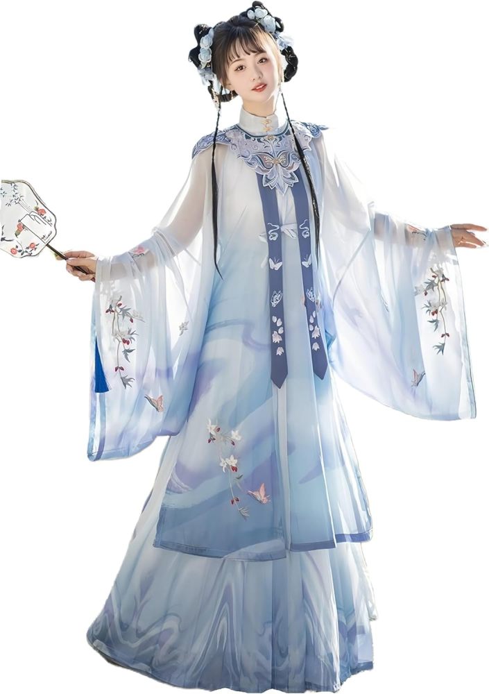 Women's Hanfu Dress Chinese Ming System Cloud Shoulder Flounced Pleated Skirt Embroidered Horse Face Skirt