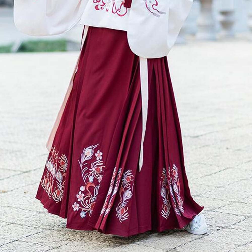 Panda Legends Chinese Style Ming Dynasty Hanfu Midi Skirt Improved One-Piece Horse Face Skirt Long Skirt Red Embroidery Pleated A-line Skirt