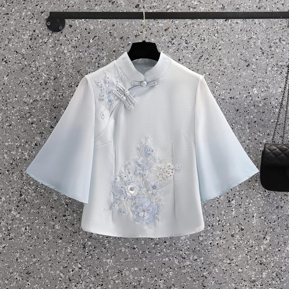 Women's Summer Suit,Embroidered Cheongsam Tops and Skirt Set,Chinese Style Elegant Qipao Hanfu Tang Suit