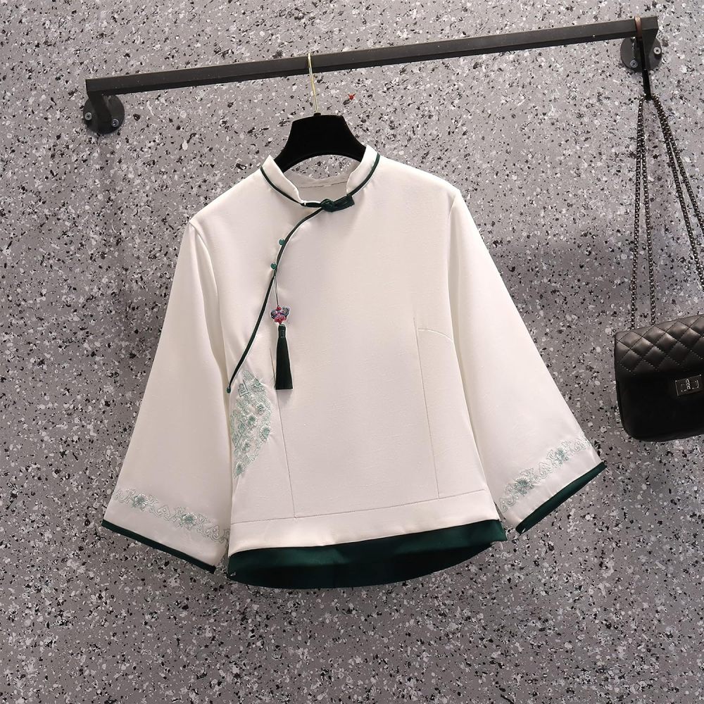 Women's Summer Suit,Embroidered Cheongsam Tops and Skirt Set,Chinese Style Elegant Qipao Hanfu Tang Suit