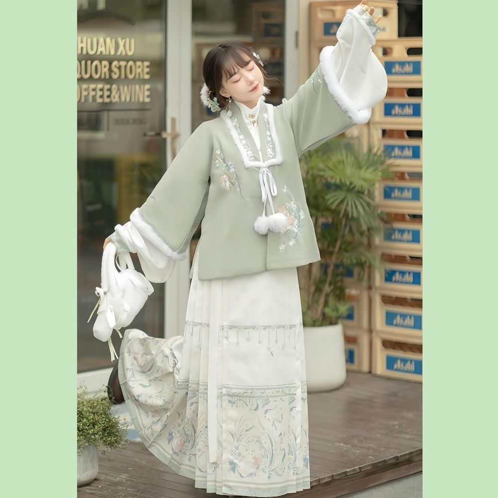 Chinese Hanfu Dress for Women Embroidered Collared Coat and Horse Faced Skirt New Year's Greetings Winter Plus Velvet
