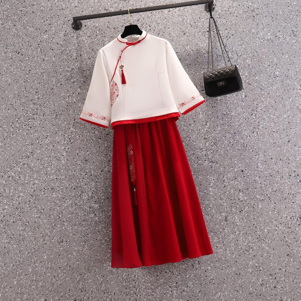 Women's Summer Suit,Embroidered Cheongsam Tops and Skirt Set,Chinese Style Elegant Qipao Hanfu Tang Suit