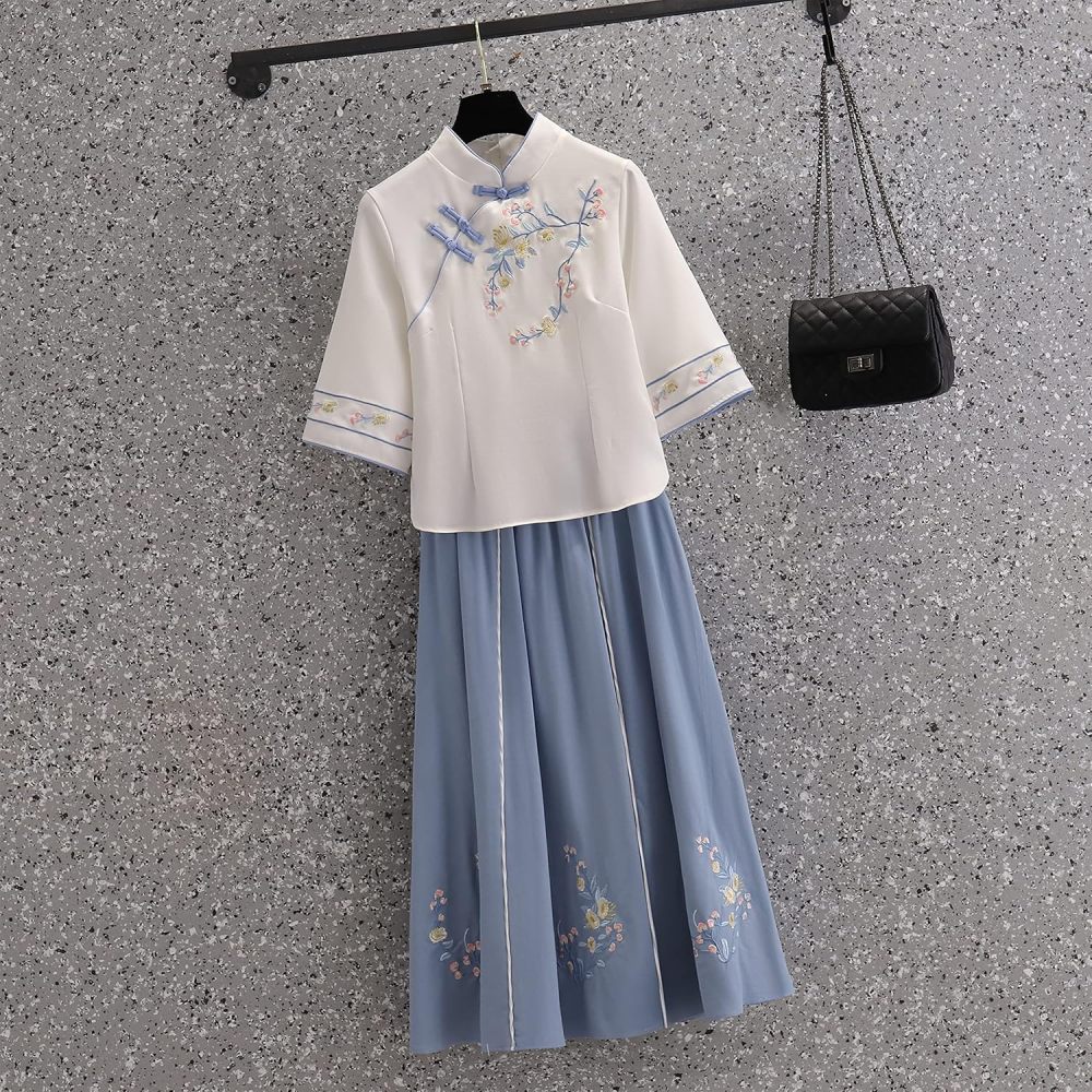 Women's Summer Suit,Embroidered Cheongsam Tops and Skirt Set,Chinese Style Elegant Qipao Hanfu Tang Suit