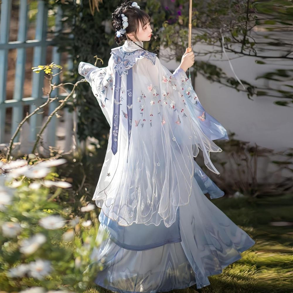 Women's Hanfu Dress Chinese Ming System Cloud Shoulder Flounced Pleated Skirt Embroidered Horse Face Skirt