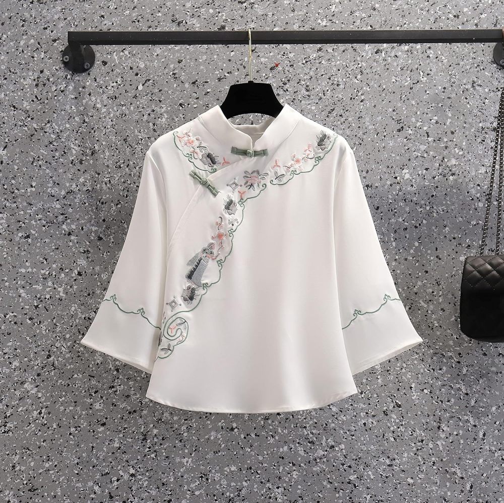 Women's Summer Suit,Embroidered Cheongsam Tops and Skirt Set,Chinese Style Elegant Qipao Hanfu Tang Suit