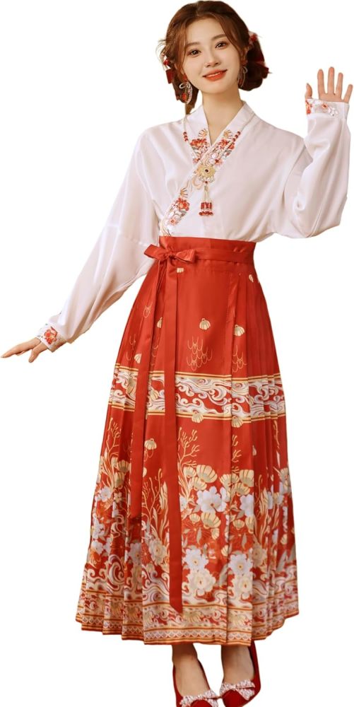 Ladies Free Size Loose Top and Wrap Skirt Set,Embroidered Blouse,Jacquard Horse Face Dress,Chinese Hanfu Tang Suit