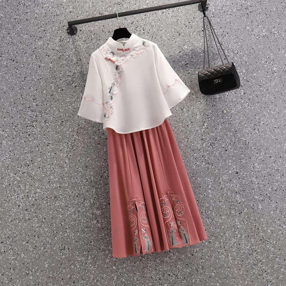 Women's Summer Suit,Embroidered Cheongsam Tops and Skirt Set,Chinese Style Elegant Qipao Hanfu Tang Suit