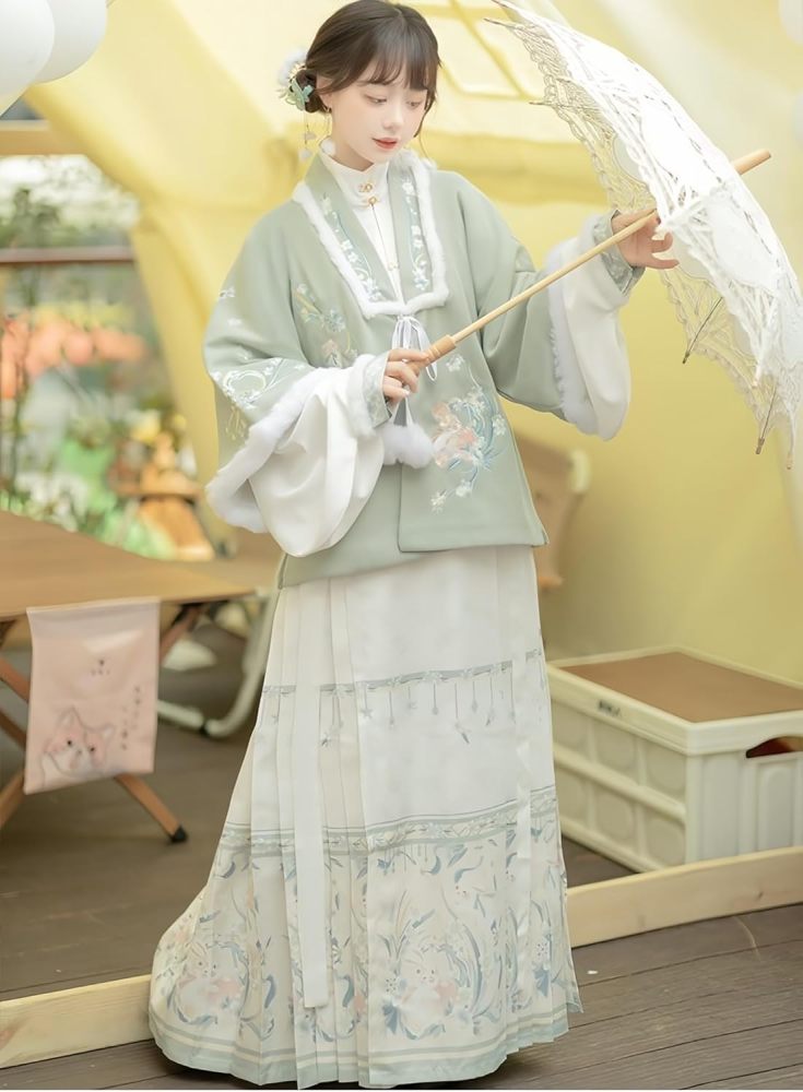 Chinese Hanfu Dress for Women Embroidered Collared Coat and Horse Faced Skirt New Year's Greetings Winter Plus Velvet