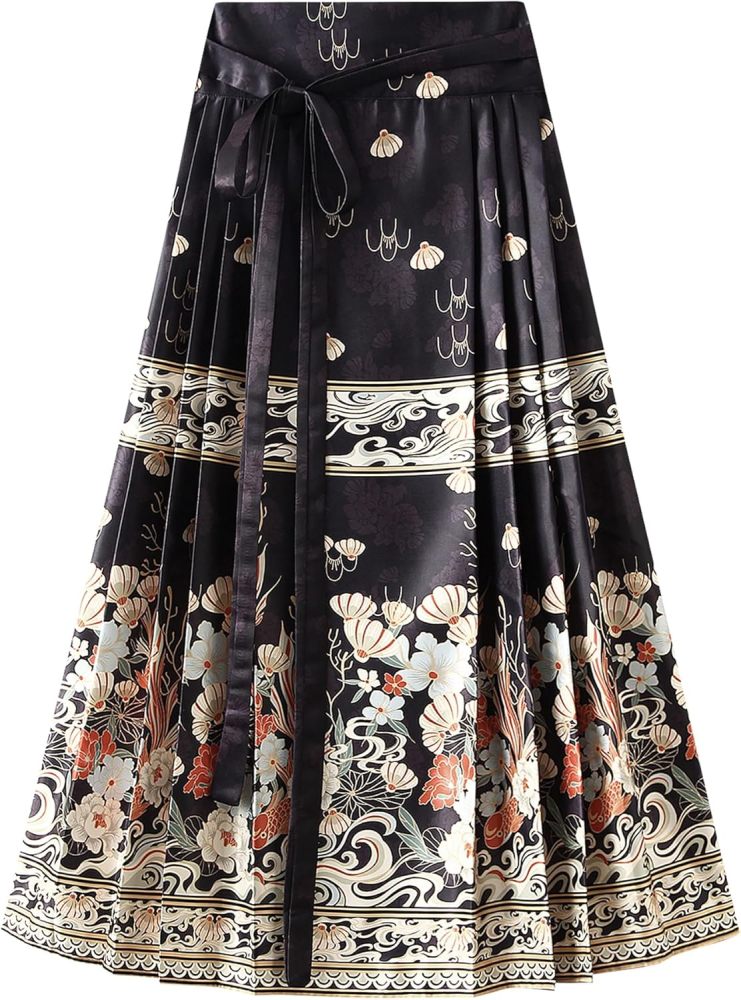 Women's Horse Face Skirt Flower Print Pleated Tie Up A-Line Long Skirt Chinese Style Ming Dynasty Hanfu Midi Skirt