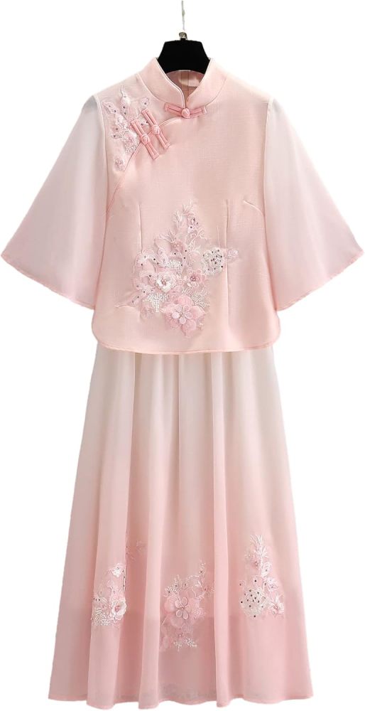 Women's Summer Suit,Embroidered Cheongsam Tops and Skirt Set,Chinese Style Elegant Qipao Hanfu Tang Suit