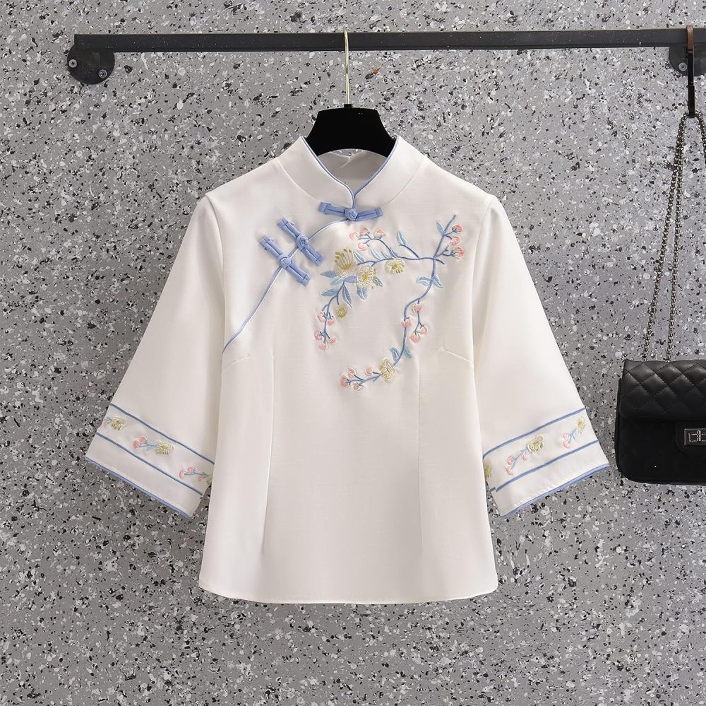 Women's Summer Suit,Embroidered Cheongsam Tops and Skirt Set,Chinese Style Elegant Qipao Hanfu Tang Suit